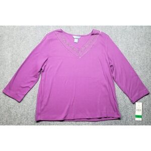 Koret Blouse Womens L Boysen Berry Floral V-Neck 3/4 Sleeve Polycotton New